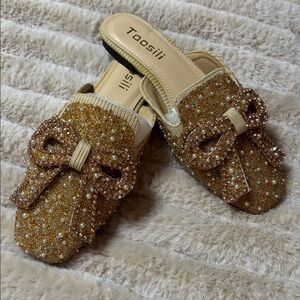 Bling Mules Slip On Dress Shoes Gold Silver Exaggerated Bow Statement Slides